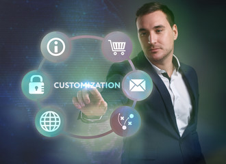 Business, Technology, Internet and network concept. Young businessman working on a virtual screen of the future and sees the inscription: Customization