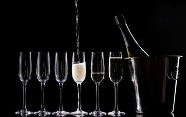 catering service. Silhouette champagne. The bubbles of champagne, new year party champagne