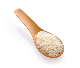 rice in wood spoon on white background