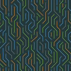 Technology seamless pattern from colored lines connections. Abstract information connectivity background. IT-development conception. Neural structure. Vector illustration