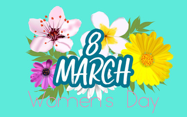 8 march modern background design with flowers. Happy women's day stylish greeting card with cherry blossoms.