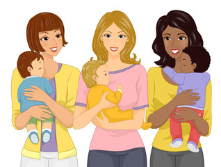 Girls Group Moms Babies Illustration