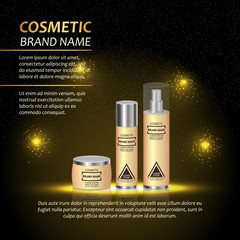 3D realistic cosmetic bottle ads template. Cosmetic brand advertising concept design with abstract glowing lights and sparkles background