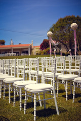Outdoors arrangement for special day. Party, Wedding Ceremony space decorated lifestyle on the sunny day background