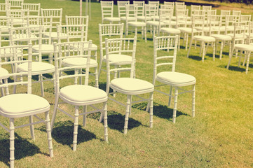 Outdoors arrangement for special day. Party, Wedding Ceremony space decorated lifestyle on the sunny day background