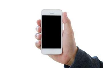 Hand holding smartphone isolated on white background