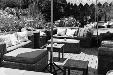 Outdoors arrangement for special day. Luxury Party, Wedding Ceremony decorated lifestyle space on the sunny day background