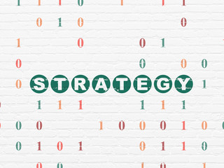 Business concept: Painted green text Strategy on White Brick wall background with Binary Code