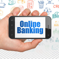 Business concept: Hand Holding Smartphone with  blue text Online Banking on display,  Hand Drawn Business Icons background, 3D rendering