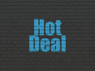 Business concept: Painted blue text Hot Deal on Black Brick wall background