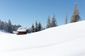 Winter in Austrian Alps. Amazing snowy scene with a traditional alpine hut covered with a lot of snow