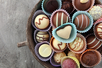 a lot of variety chocolate pralines, belgian confectionery gourmet chocolate