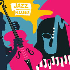 Fototapeta premium Jazz music festival poster with music instruments. Saxophone, piano and violoncello flat vector illustration. Jazz concert poster with cello player