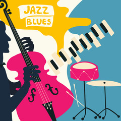 Jazz music festival poster with music instruments. Piano, violoncello and cymbals flat vector illustration. Jazz concert poster with cello player