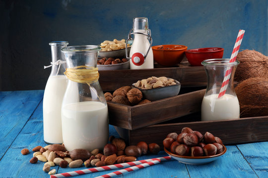 Alternative types of milks. Vegan substitute dairy milk with nuts