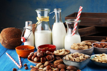 Alternative types of milks. Vegan substitute dairy milk with nuts