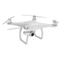 Remote control air drone. Dron flying with action video camera. 3d render Isolated on white background.