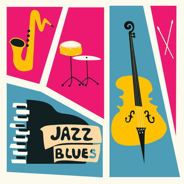 Jazz music festival poster with music instruments. Saxophone, piano, violoncello and cymbals flat vector illustration. Jazz concert
