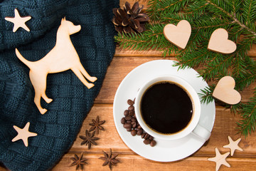 Cup of coffee with cookies on Christmas morning. Christmas decor. The view from the top.