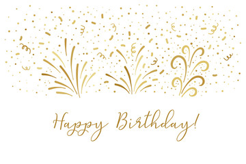 Vector golden Happy birthday text party background. Party confetti doodle graphic