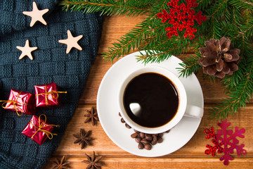 Cup of coffee with cookies on Christmas morning. Christmas decor. The view from the top