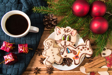 Cup of coffee with cookies on Christmas morning. Christmas cookies and decor. The view from the top