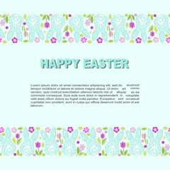 Template with Bunny head and flowers for Happy Easter Day, party invitation, greeting card, web, postcard, girl or boy birthday, baby shower, pet shop. Vector illustration.