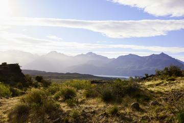 Naklejka na ściany i meble General Carrera Lake Scenery, Patagonia, Chile and Mountain Silhouettes