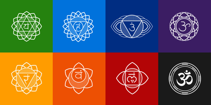Chakras system of human body - used in Hinduism, Buddhism and Ayurveda. For design, associated with yoga - poster, banner. Vector Sahasrara, Ajna, Vishuddha, Anahata, Manipura, Swadhisthana, Muladhara