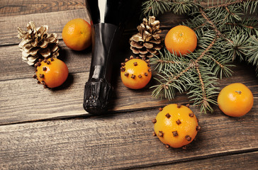 Christmas New Year composition with tangerines and pine cones