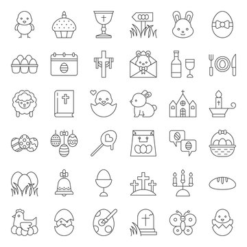 set of easter, spring and egg hunt icon, thin line
