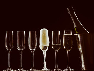 catering service. Silhouette champagne. The bubbles of champagne, new year party champagne in a bucket