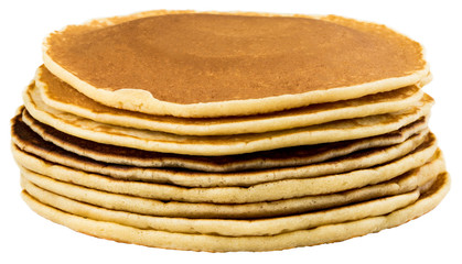 Stack of delicious pancakes on plate isolated on white