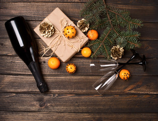 Christmas New Year composition with tangerines and pine cones