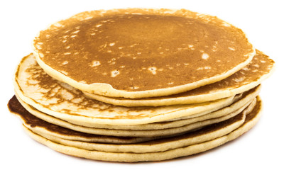 Stack of delicious pancakes on plate isolated on white