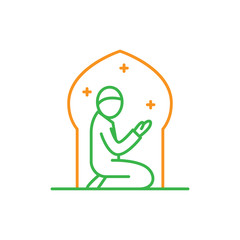 Muslims praying at the night in mosque. Simple monoline icon style for muslim ramadan and eid al fitr celebration.