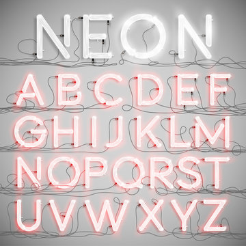 Realistic neon alphabet with wires (ON), vector.