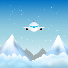 Plane flying over the snowy mountains with sky over the clouds in winter