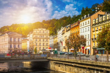 Architecture of Karlovy Vary (Karlsbad), Czech Republic. It is the most visited spa town in the...