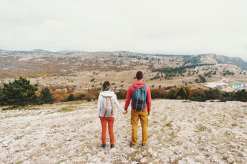 Traveler young couple walking outdoor.