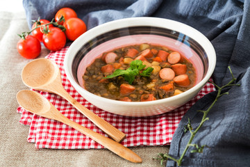 Traditional homemade Sausages with beans soup
