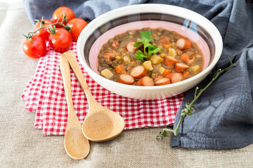 Traditional homemade Sausages with beans soup