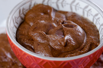 close up of dark chocolate mousse