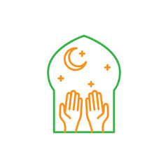 Islam prayer hands at the night time in the mosque. Simple monoline icon style for muslim ramadan and eid al fitr celebration.