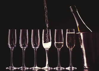 catering service. Silhouette champagne. The bubbles of champagne, new year party champagne in a bucket