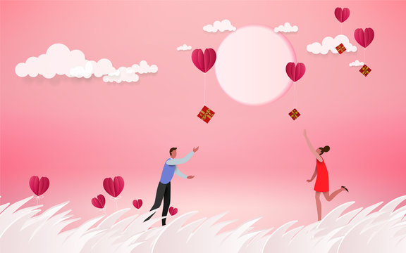 Red heart flower on pink background with  sweet couple on honeymoon vacation summer holidays romance. Love concept. Happy Valentine's Day wallpaper, poster, card. Vector illustration