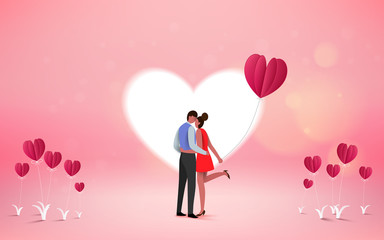 Plakat Red heart flower on pink background with sweet couple on honeymoon vacation summer holidays romance. Love concept. Happy Valentine's Day wallpaper, poster, card. Vector illustration