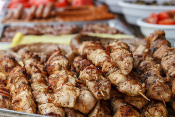Barbecue grill-barbecue grill. appetizing shish kebab on metal grill. kebabs cook on charcoal in the open air. Marinated meat.
