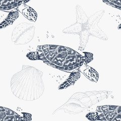 Seamless pattern with hand-drawn turtles. Sea background. Vintage background