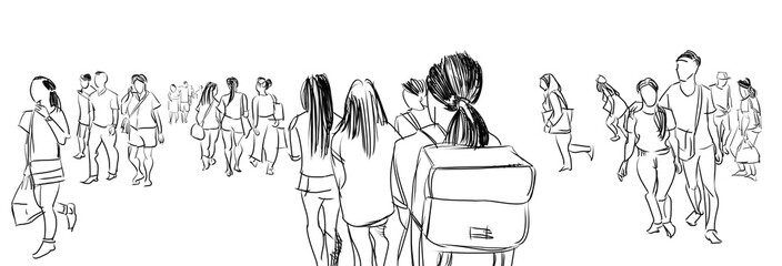 group of people walking free hand sketch panorama view isolated on white background